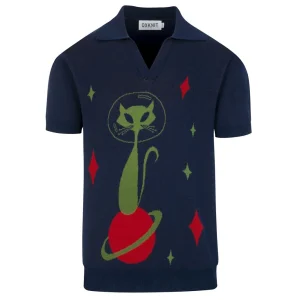 Men's Dark Blue 60s Space Age Style Knitted Polo Shirt - Designed by Tala Hunt