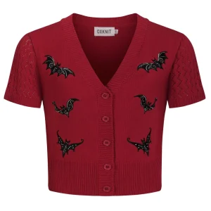 Women's Red Openwork Bat Embroidered Knit Cardigan - Cropped Length