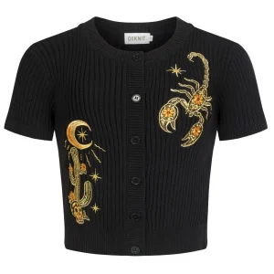 Women's Black Scorpion Cactus Embroidered Knit Cardigan - Cropped Length