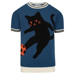 Men's blue retro cat-patterned jacquard knit T-shirt