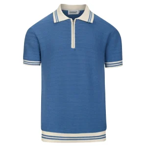 Men's vintage blue open-weave knit pullover with zipper collar