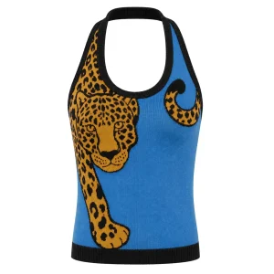 Women's Blue 70s Pop Art Cheetah Jacquard Knit Camisole Vest