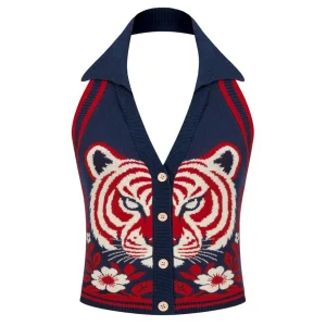 Women's Dark Blue 70s Folk Tiger Jacquard Camisole Knit Vest