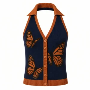 Women's Dark Blue 70s Butterfly Jacquard Camisole Knit Vest