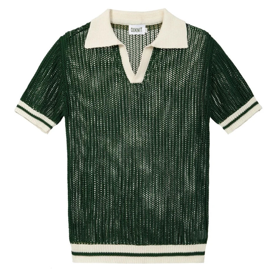 Men’s Green 70s Openwork Resort Knit Polo Collar T-Shirt