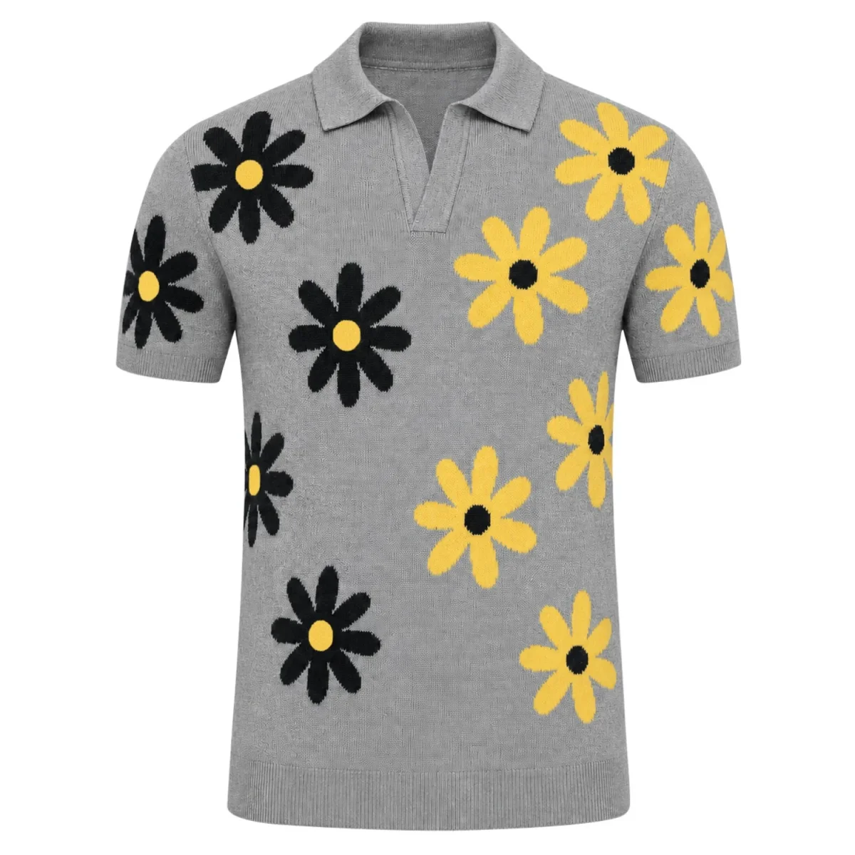 Men’s Grey 60s Mod Floral Knit Polo Collar T-Shirt - Image 2