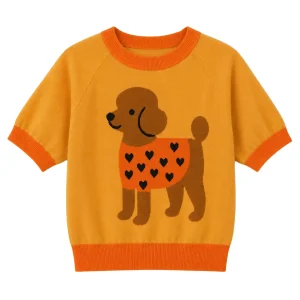 Women’s Orange Fun Dog Jacquard Knit T-Shirt - Cropped Length