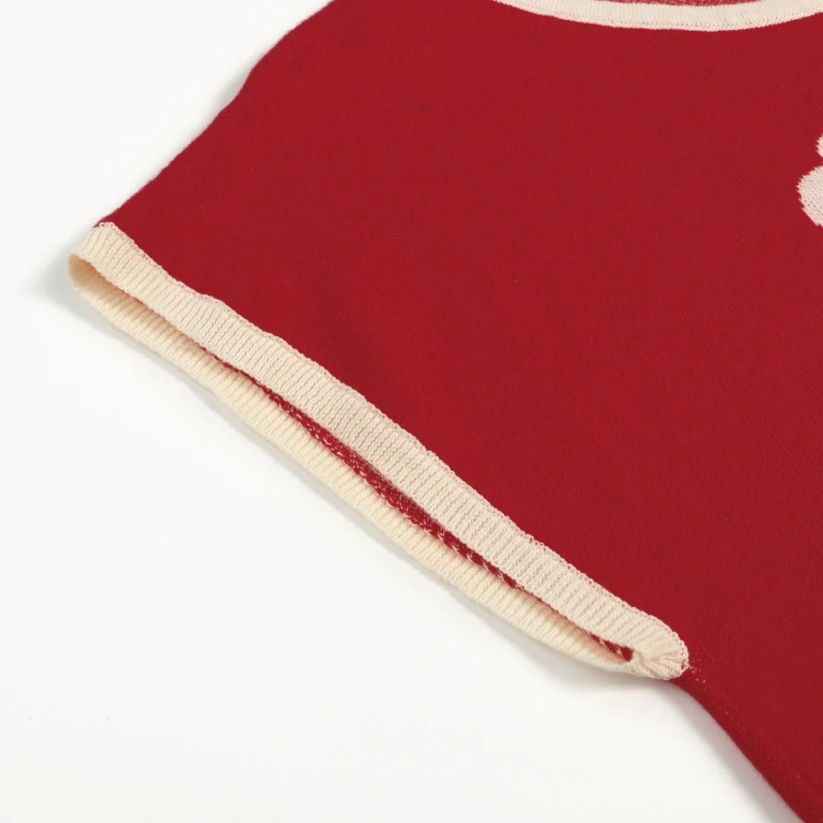 Women’s Red Minimal Abstract Floral Jacquard Knit T-Shirt - Cropped Length - Image 5