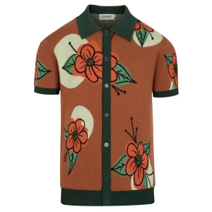 Men's Brown Vintage Floral Art Jacquard Knitted Cardigan - Designed by Tala Hunt