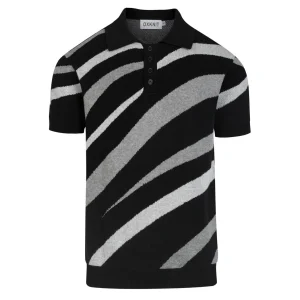 Men's Black Striped Vintage Art Jacquard Polo Knit Shirt