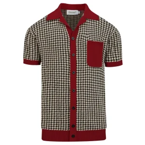 Men's Vintage Burgundy Houndstooth Jacquard Knitted Cardigan