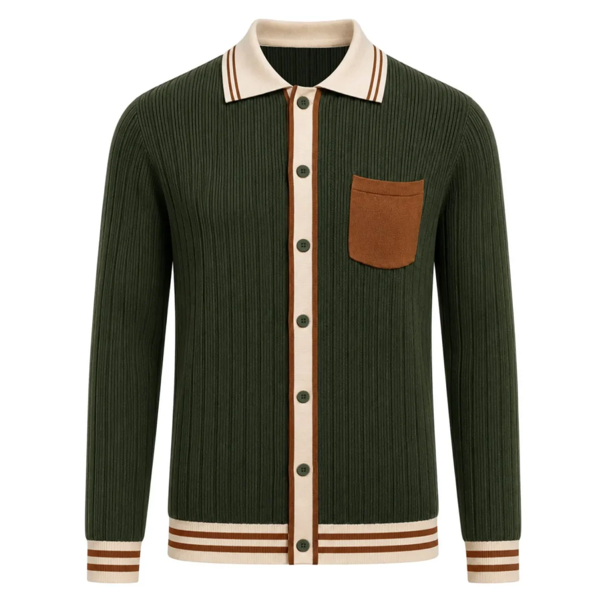 Men's Retro Green Artistic Minimalist Jacquard Cardigan - Image 2