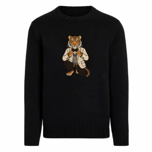 Men's Retro Black Classic Tiger Embroidered Knitwear
