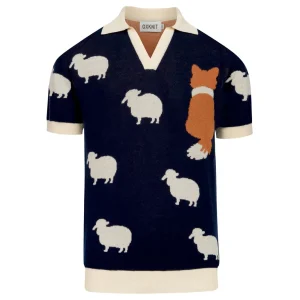 Men's Navy Blue Sheepdog Jacquard Knit Polo Shirt
