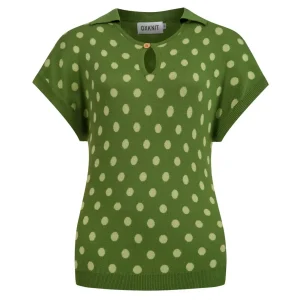 Women's Green Vintage Polka Dot Jacquard Dolman Sleeve Knit T-Shirt
