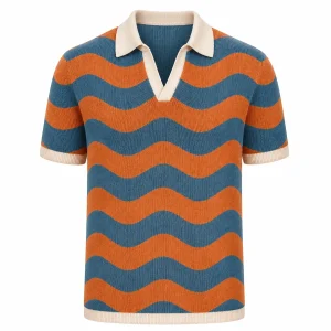 Men's Retro Bowling Wave Striped Polo Knit Shirt
