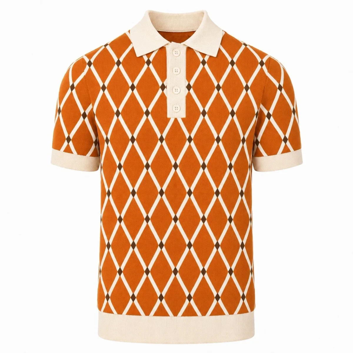 Men’s Orange 70s Collegiate Argyle Polo Knit Shirt
