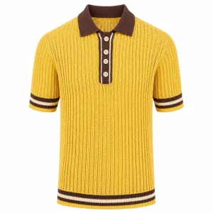 Men’s Yellow 70s Sunny Summer Openwork Resort Polo Knit Shirt
