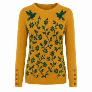 Women's Vintage Mustard Yellow Folk Art Floral Bird Jacquard Knit Sweater