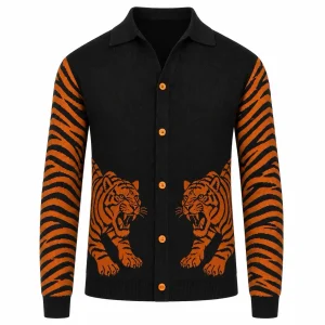 Men's Black Vintage Rock Tiger Jacquard Polo Knit Cardigan