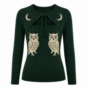 Women's Green Vintage Pop Art Owl Moon Jacquard Knit