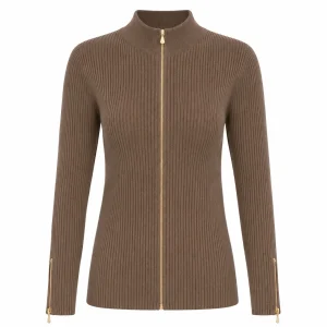 Women's Brown 70s Vintage Ribbed Turtleneck Knit Cardigan