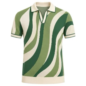 Men's Green 70s Psychedelic Wave Knit Polo Shirt
