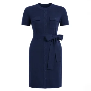 Women’s 70s Navy Blue Minimalist Pocket Short Sleeve Knit Dress