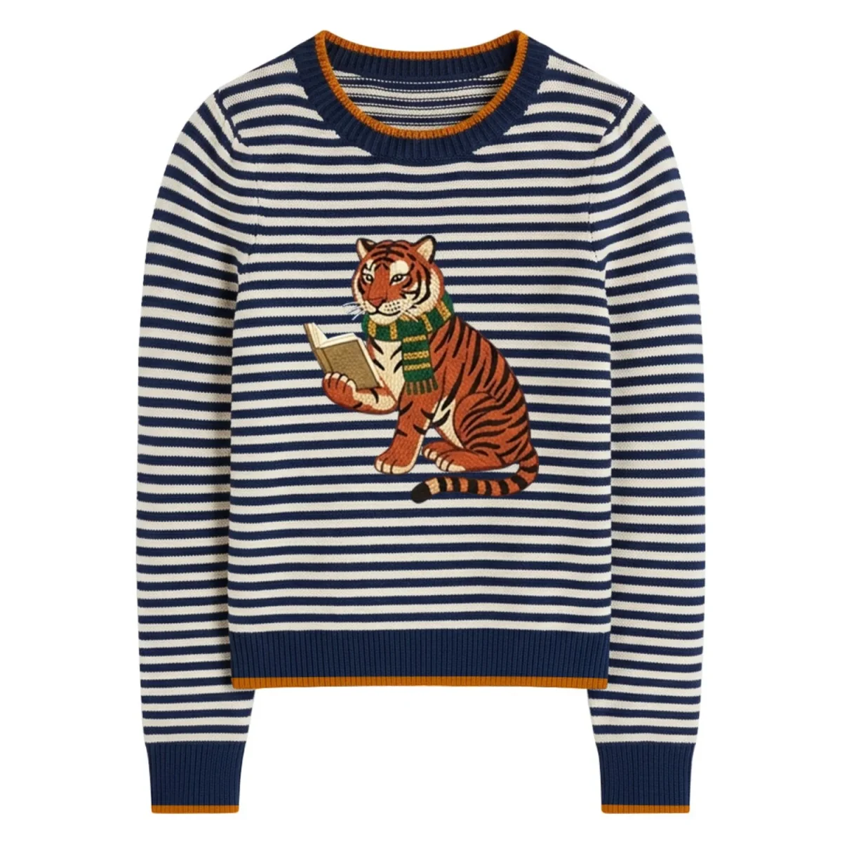Women's Navy Blue Striped Tiger Embroidered Knit Shirt