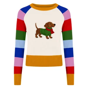 Women's Colorful Striped Dog Embroidered Knit Sweater - Cropped Length
