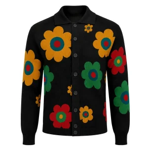 Men's Black 70s Colorful Floral Jacquard Polo Knit Cardigan