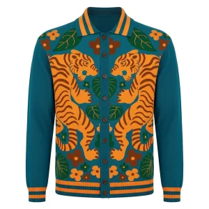 Men's Teal Vintage Tiger Jacquard Knit Cardigan - Designed by Carrie Cantwell