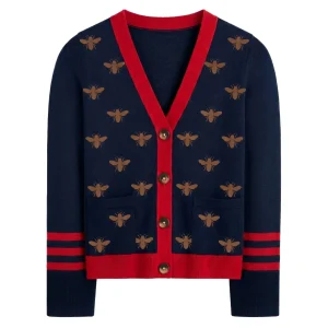 Women's Navy Blue 70s Bee Jacquard V-Neck Knit Cardigan