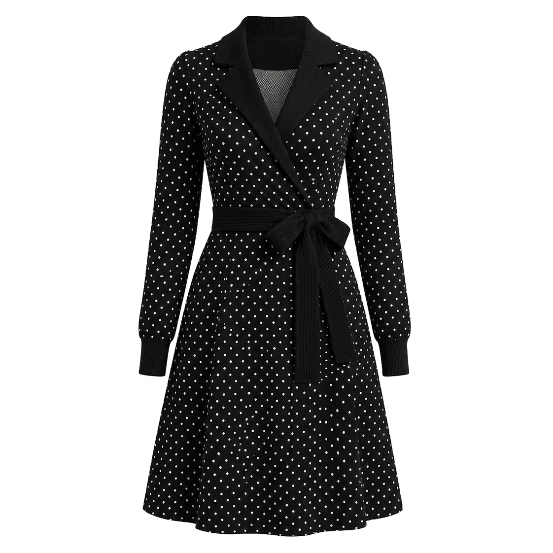 Women's Black White Vintage Polka Dot Jacquard Knit Dress - Image 2