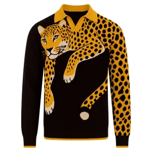 Men's Black 70s Cheetah Jacquard Polo Knit