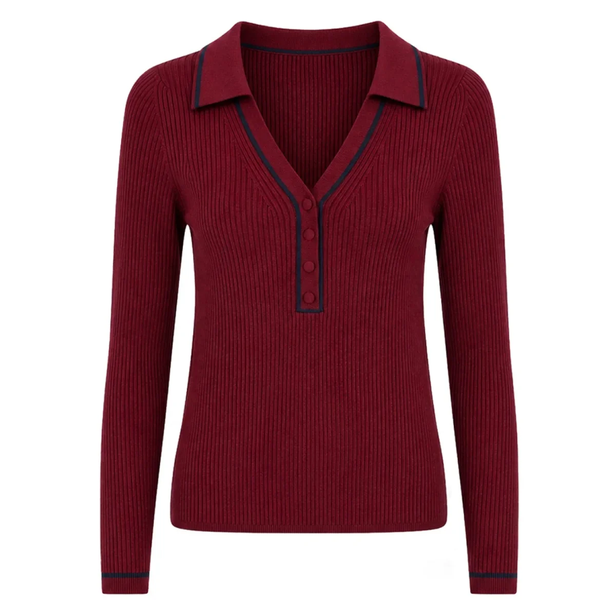 Women's Vintage Burgundy Fine Ribbed Polo Knit