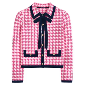 Women's Pink Vintage Bow Classic Houndstooth Jacquard Knit Cardigan