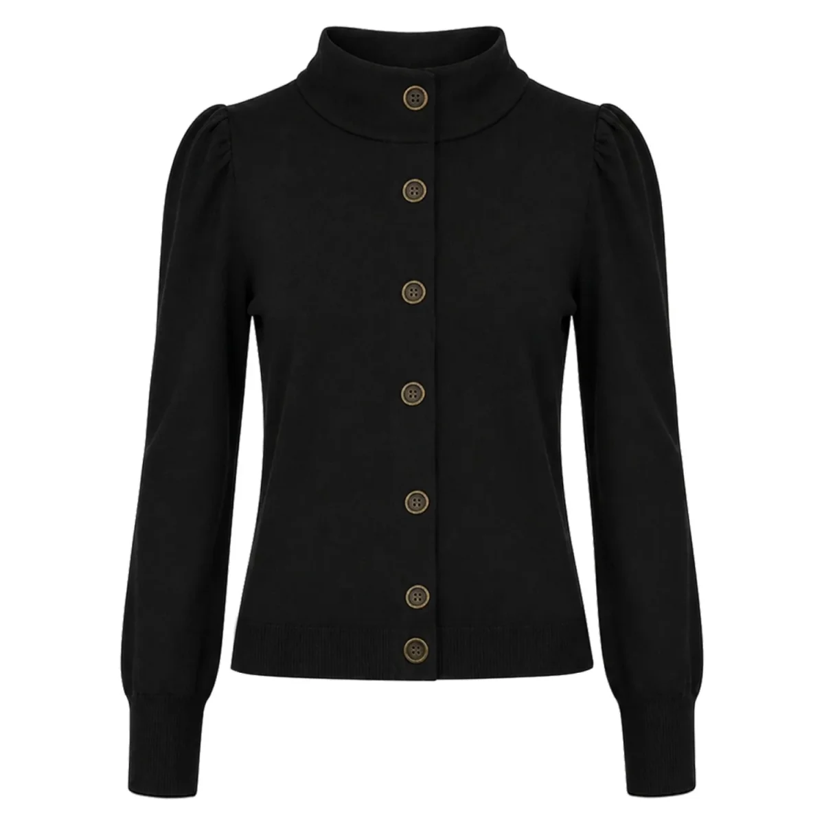 Women's Black Vintage Minimalist Turtleneck Puff Sleeve Knit Cardigan