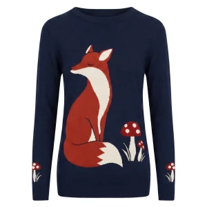 Women's Navy Blue 70s Fox Mushroom Forest Jacquard Knit