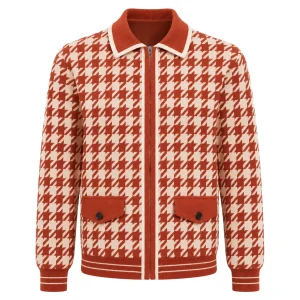 Men's Retro Orange Houndstooth Jacquard Knit Cardigan