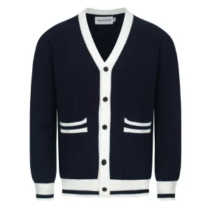 Men’s Vintage Navy Cardigan – Retro Contrast Trim Knit with Deep V-Neck