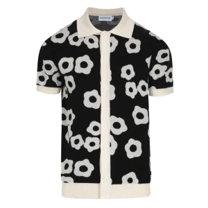 Men's Black & Cream Retro Flower Knit Polo – 60s Mod Button-Up Shirt