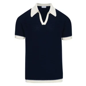 Men's 60s Navy Open Collar Polo – Mod Knit in Cream Trim
