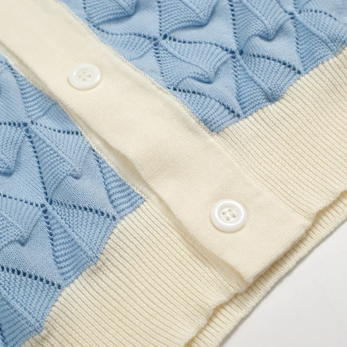Men’s Vintage 1970s Knit Shirt – Retro Sky Blue Button-Up with Cream Trim - Image 8